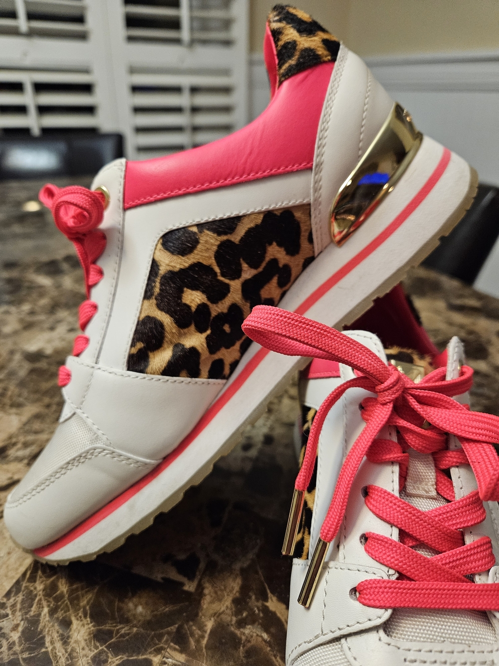 Michael Kors White Sneakers with Pink Accents and Leopard Panels Size 7M